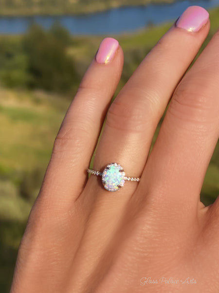 Sterling Silver White Opal Ring Encrusted with Cubic Zirconia