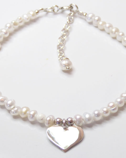 Sterling Silver Heart And Pearl Bracelet Adjustable - Beaded Freshwater Pearls and Dangling Heart