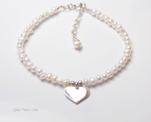 Sterling Silver Heart And Pearl Bracelet Adjustable - Beaded Freshwater Pearls and Dangling Heart