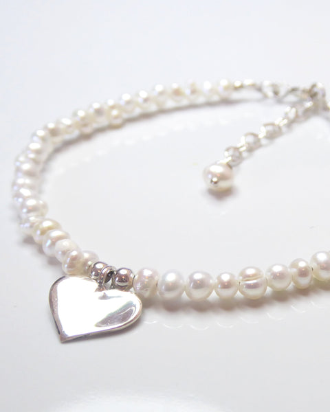 Sterling Silver Heart And Pearl Bracelet Adjustable - Beaded Freshwater Pearls and Dangling Heart