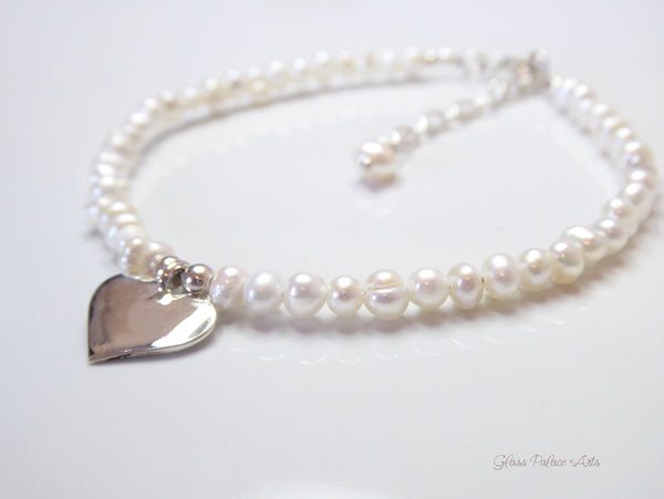 Sterling Silver Heart And Pearl Bracelet Adjustable - Beaded Freshwater Pearls and Dangling Heart