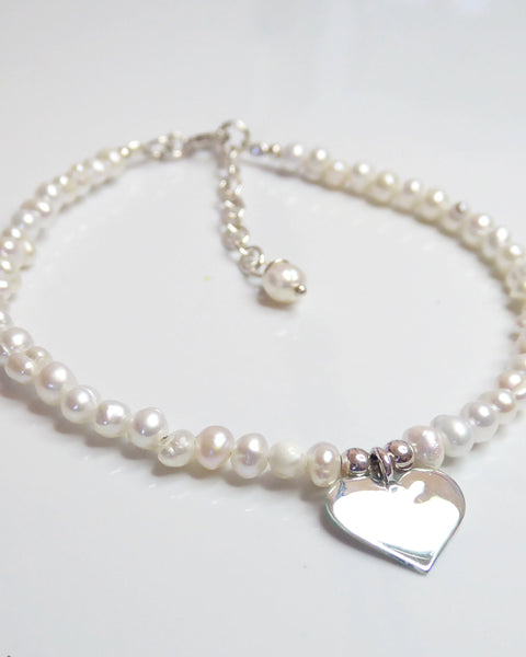 Sterling Silver Heart And Pearl Bracelet Adjustable - Beaded Freshwater Pearls and Dangling Heart