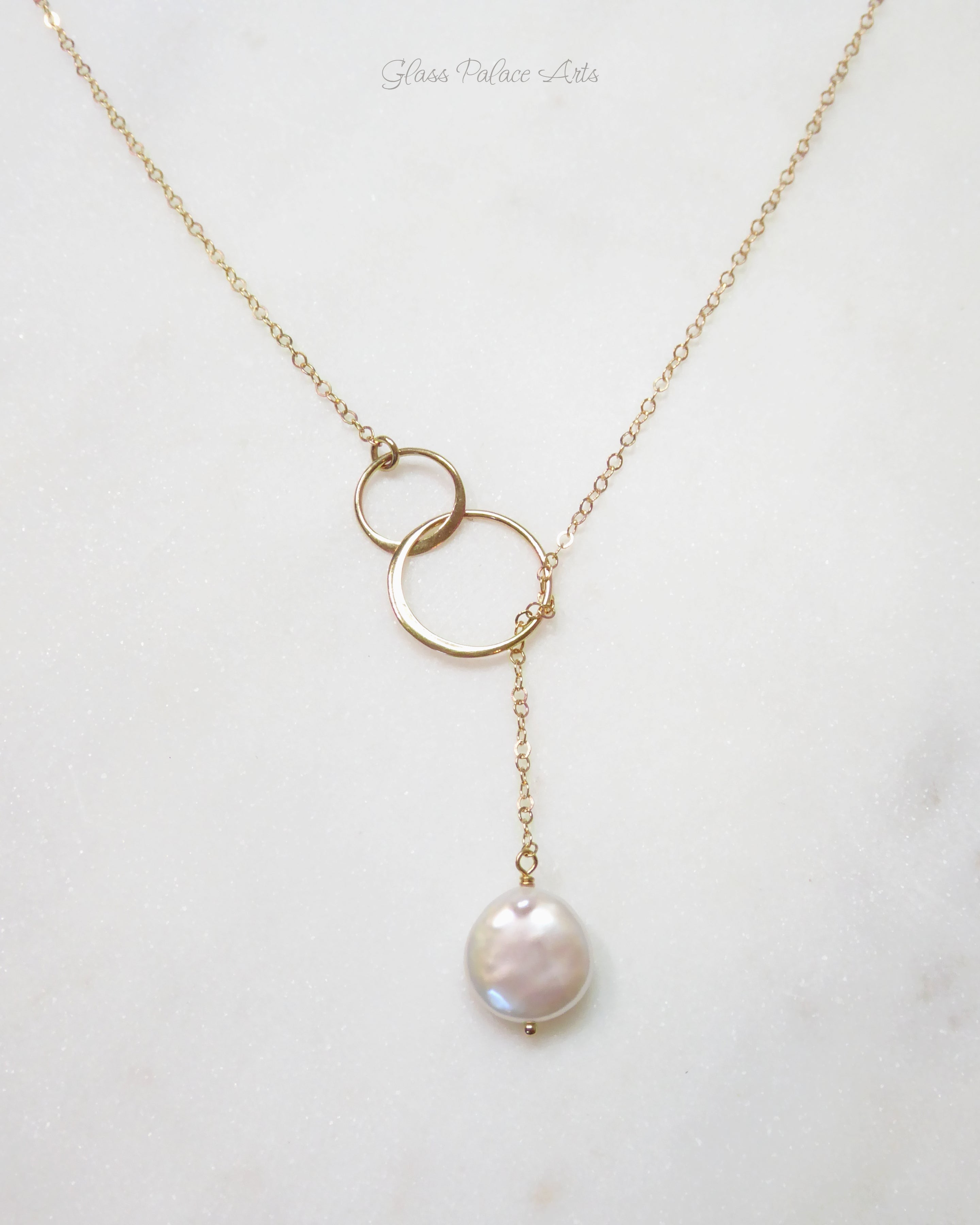 Freshwater Pearl Lariat Necklace With Infinity Circles