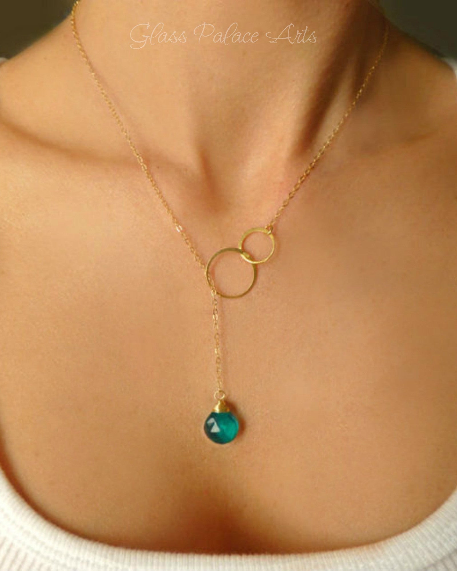 Emerald Teal Quartz Lariat Necklace For Women - In Gold or Sterling Silver
