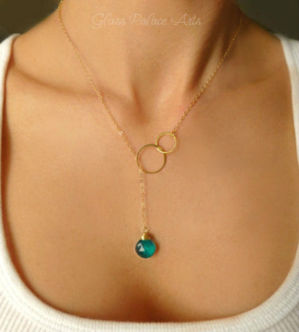 Emerald Teal Quartz Lariat Necklace For Women - In Gold or Sterling Silver