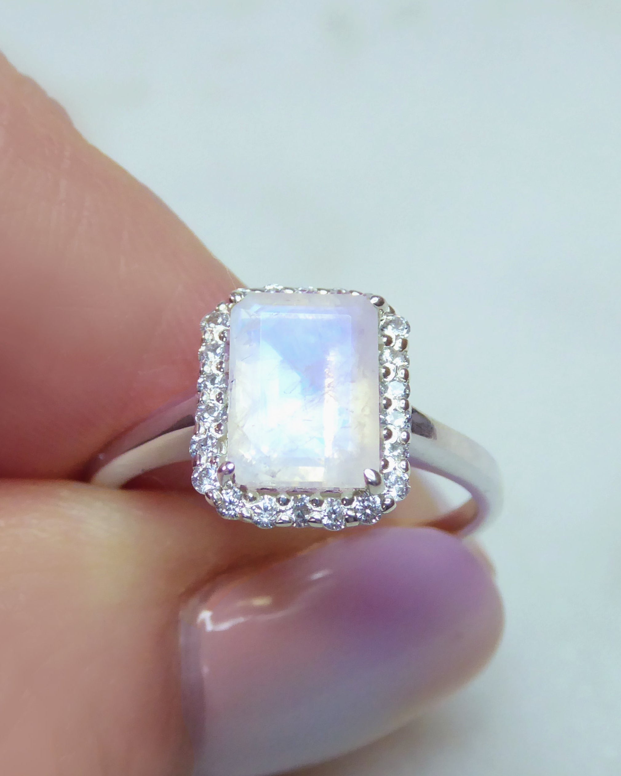 Moonstone And White Topaz Radiant Cut Engagement Ring - 925 Sterling Silver