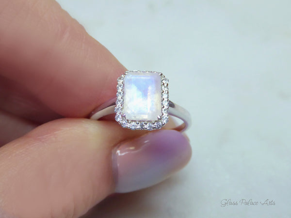 Moonstone And White Topaz Radiant Cut Engagement Ring - 925 Sterling Silver