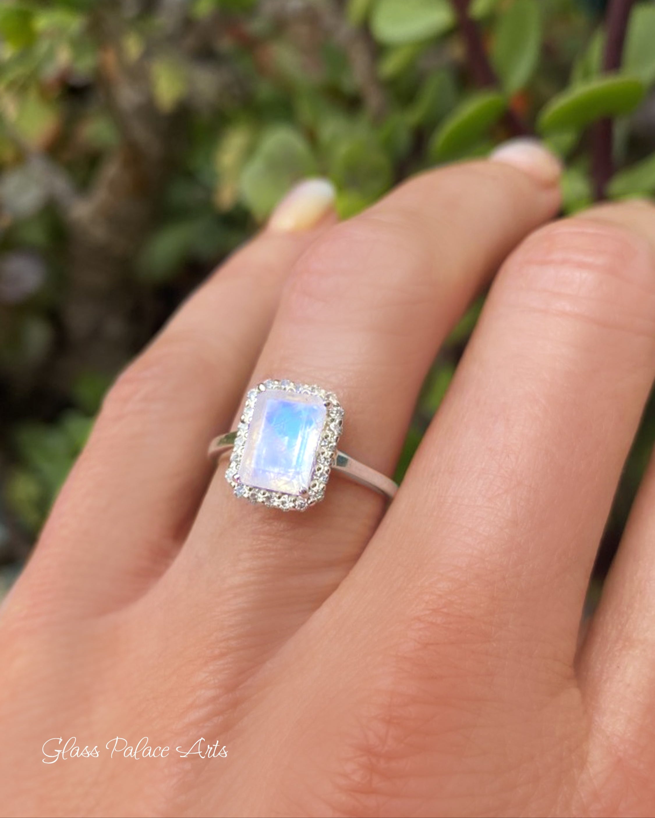 Moonstone And White Topaz Radiant Cut Engagement Ring - 925 Sterling Silver