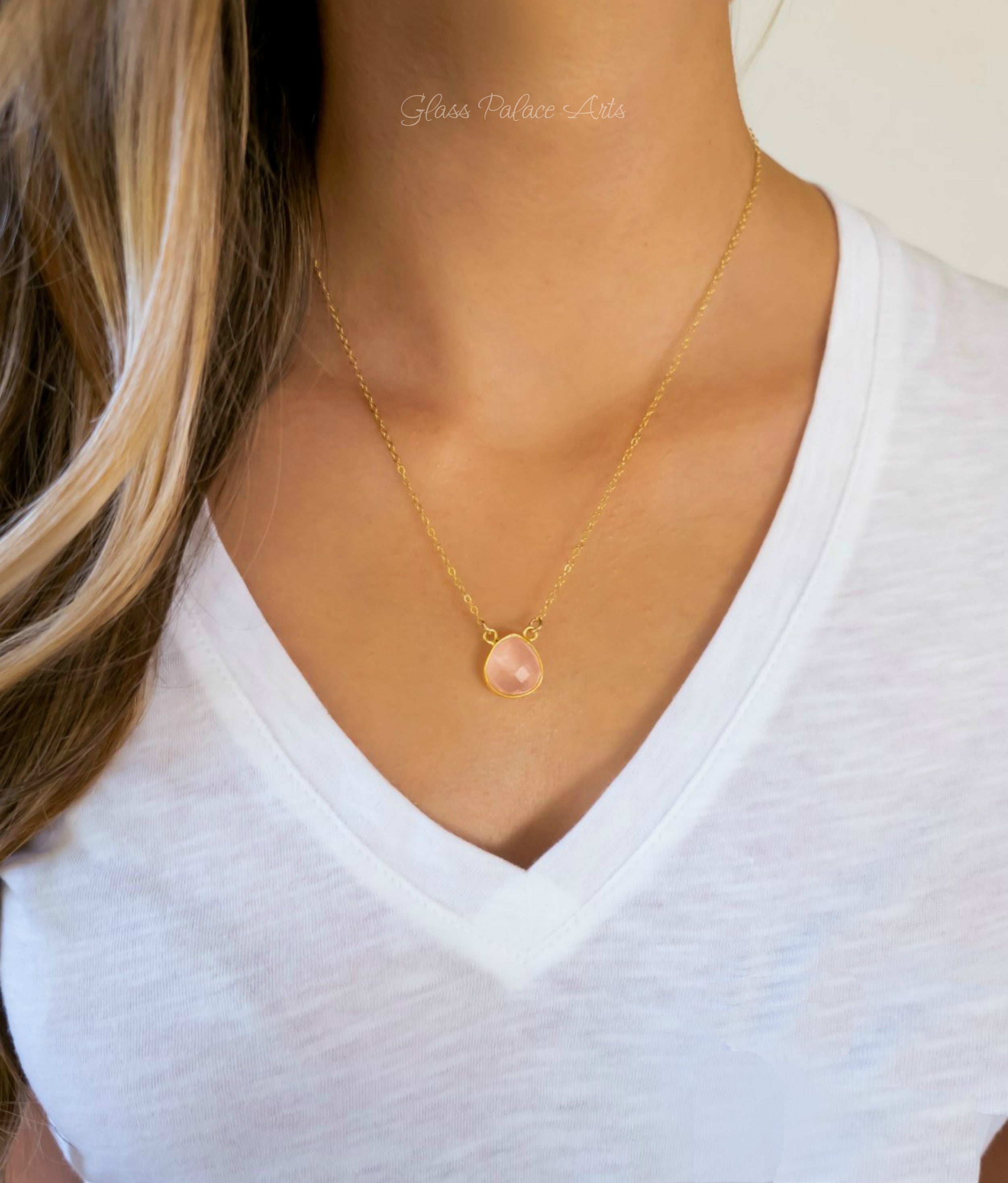 Rose Quartz Pendant Necklace On Dainty 14k Gold Fill Chain