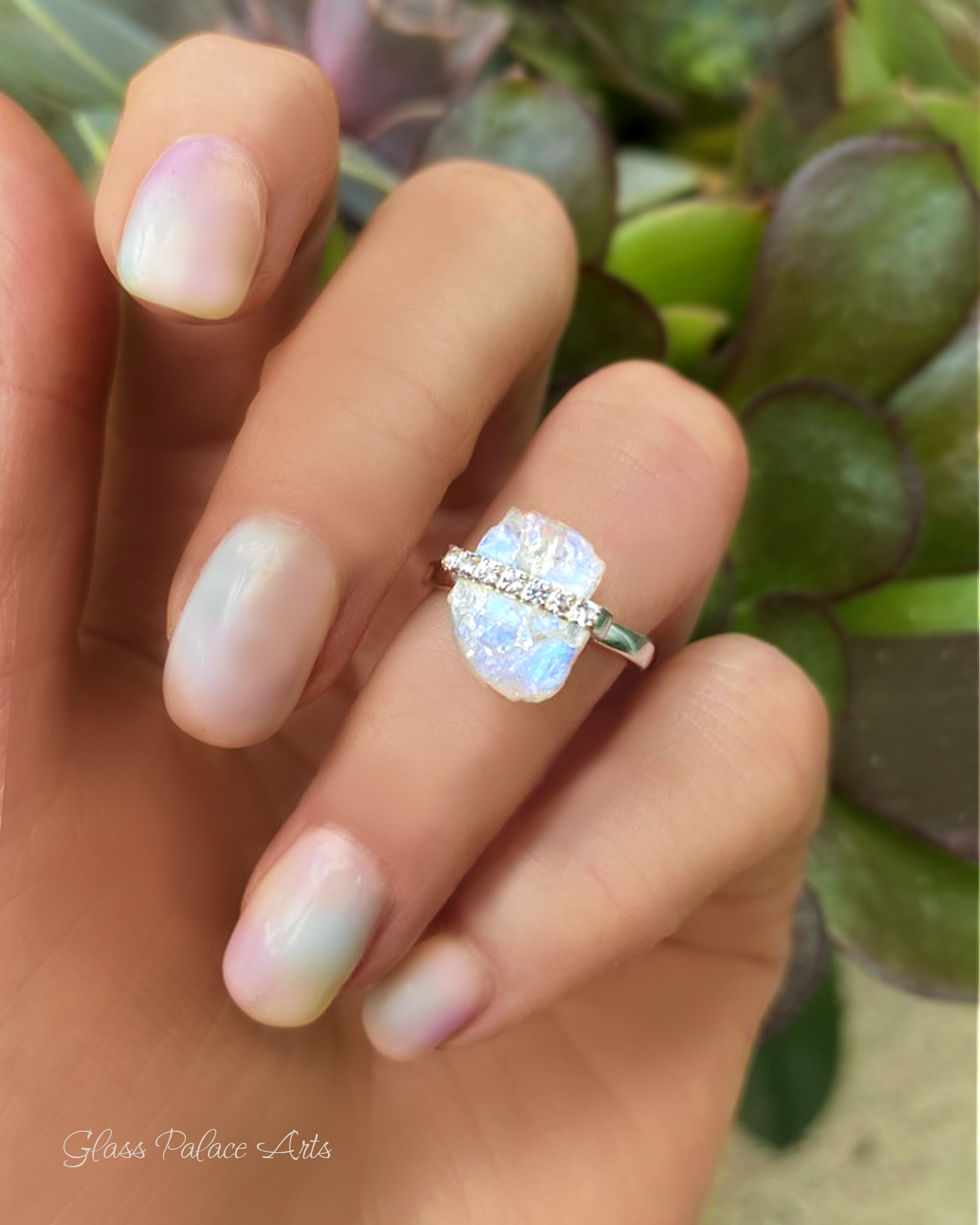 Moonstone Raw Crystal & White Topaz Ring - 925 Sterling Silver