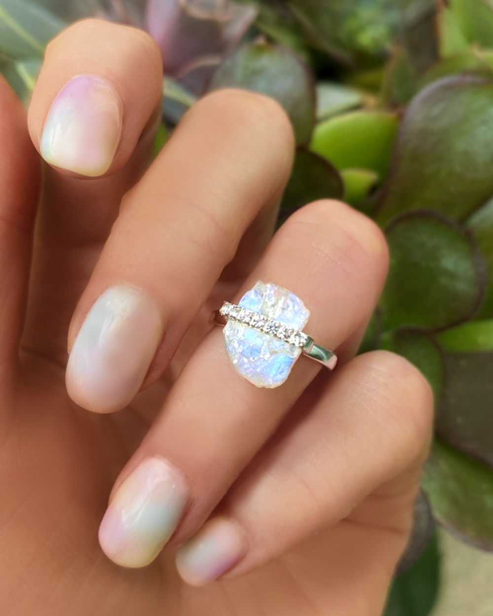 Moonstone Raw Crystal & White Topaz Ring - 925 Sterling Silver