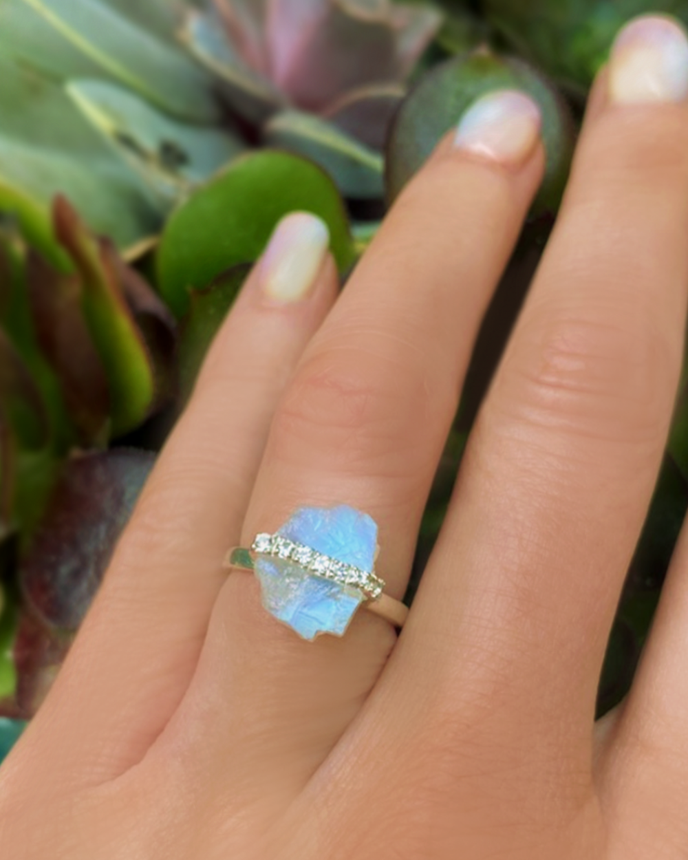 Moonstone Raw Crystal & White Topaz Ring - 925 Sterling Silver