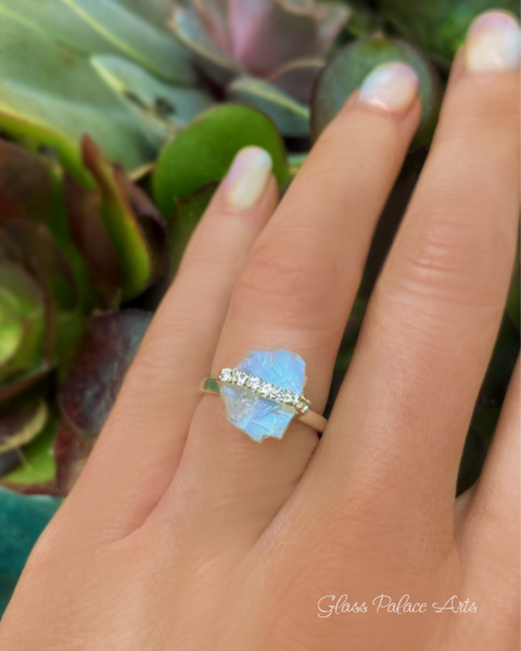 Moonstone Raw Crystal & White Topaz Ring - 925 Sterling Silver