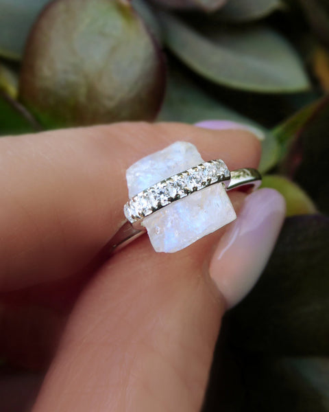 Moonstone Raw Crystal & White Topaz Ring - 925 Sterling Silver