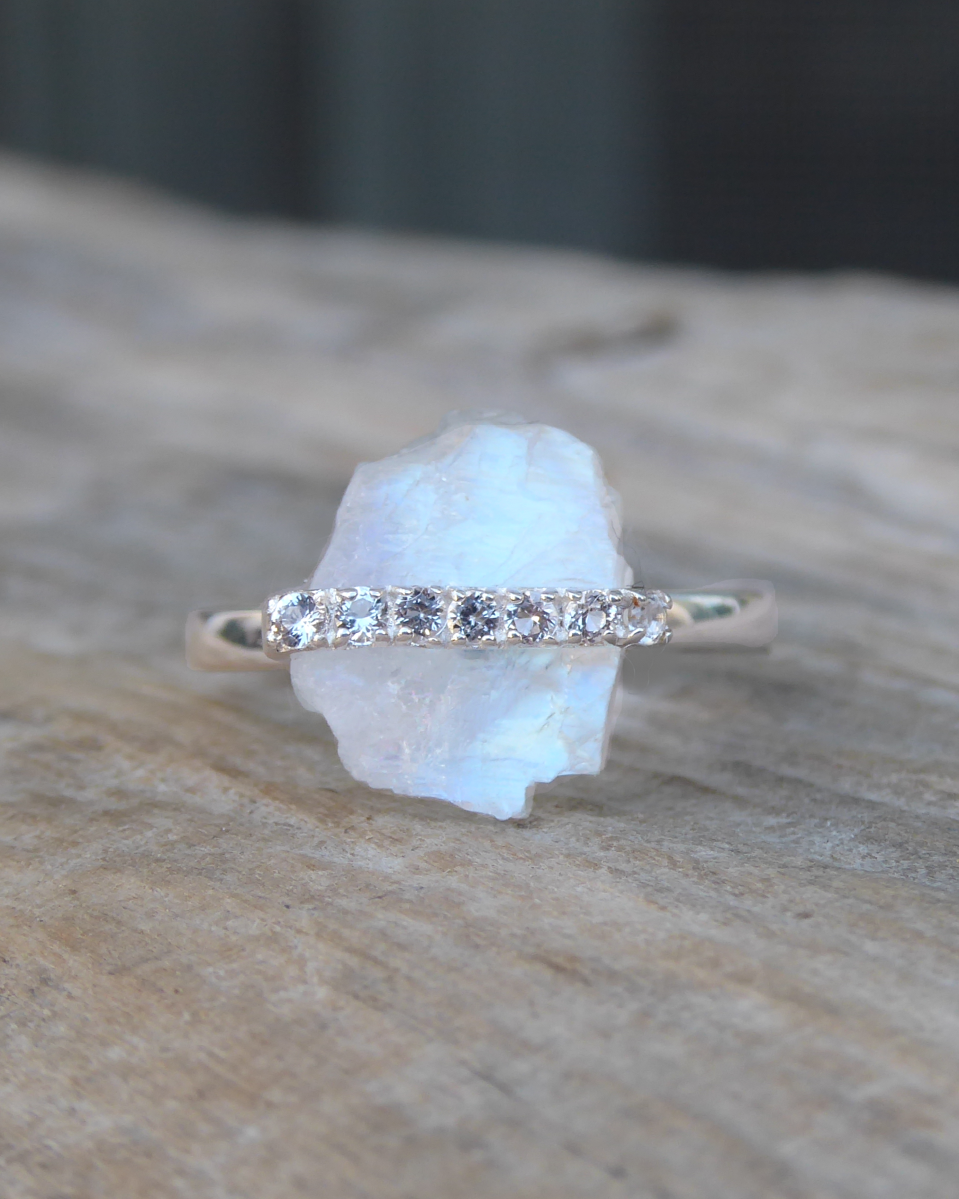 Moonstone Raw Crystal & White Topaz Ring - 925 Sterling Silver