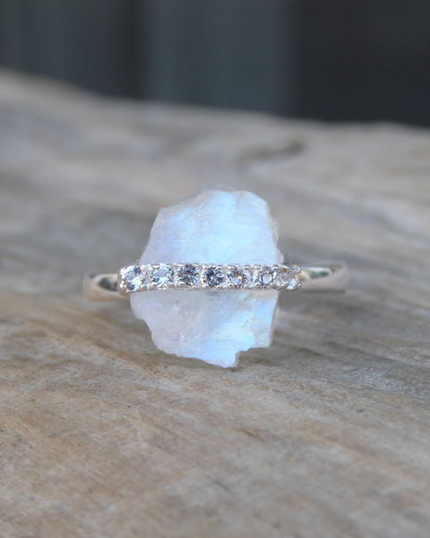 Moonstone Raw Crystal & White Topaz Ring - 925 Sterling Silver