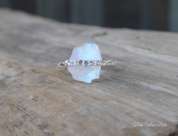 Moonstone Raw Crystal & White Topaz Ring - 925 Sterling Silver