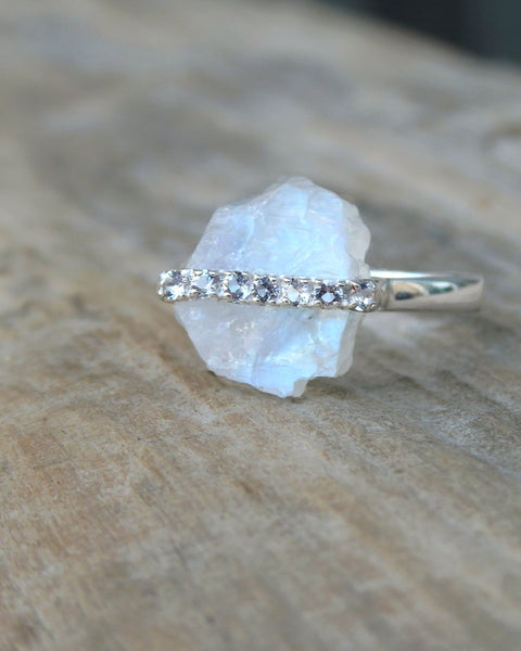 Moonstone Raw Crystal & White Topaz Ring - 925 Sterling Silver