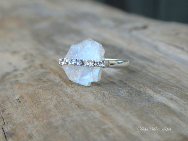Moonstone Raw Crystal & White Topaz Ring - 925 Sterling Silver