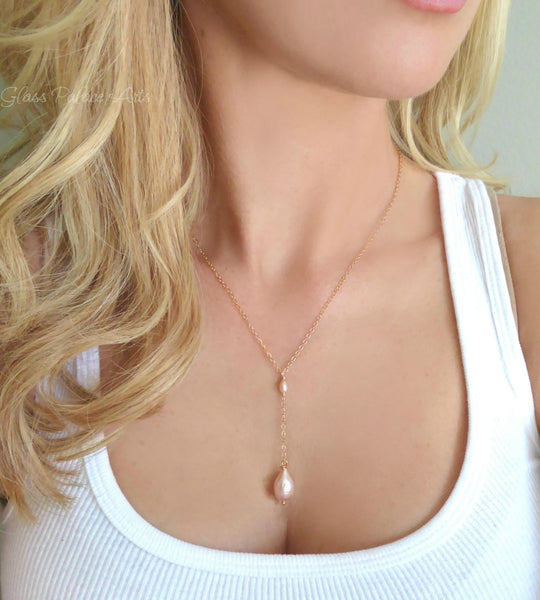 Champagne Pink Freshwater Pearl Y Necklace - Sterling Silver, Rose Gold or Gold