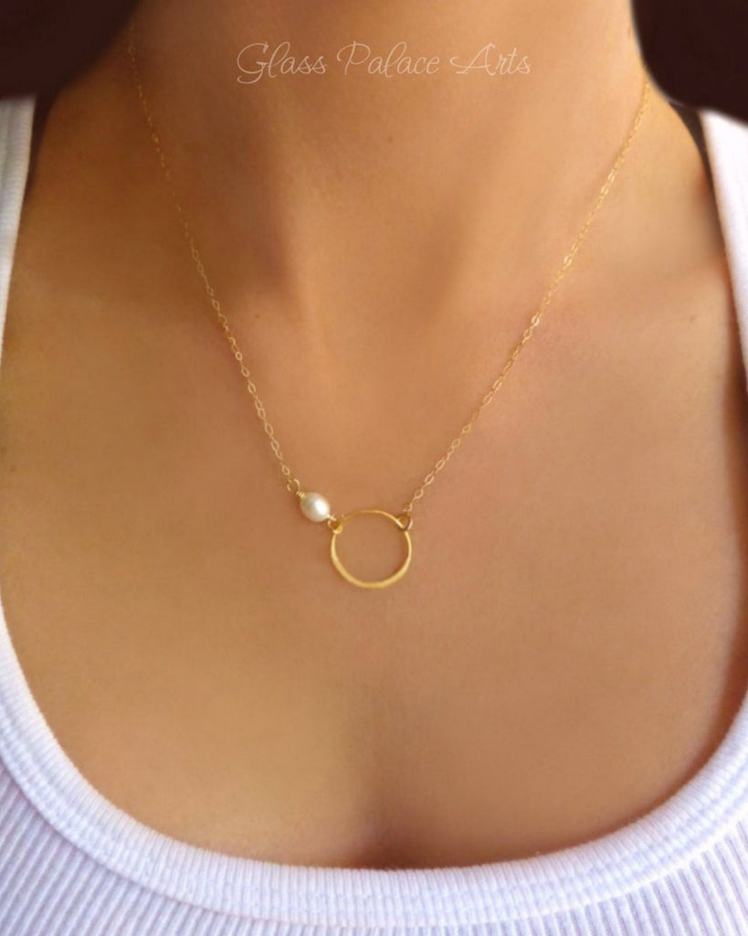Infinity Circle Necklace With Freshwater Pearl Sterling Silver Gold or Rose Gold