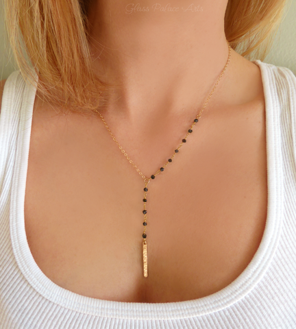 Black Spinel Y Lariat Necklace For Women - With Beautiful Beaded Gemstones