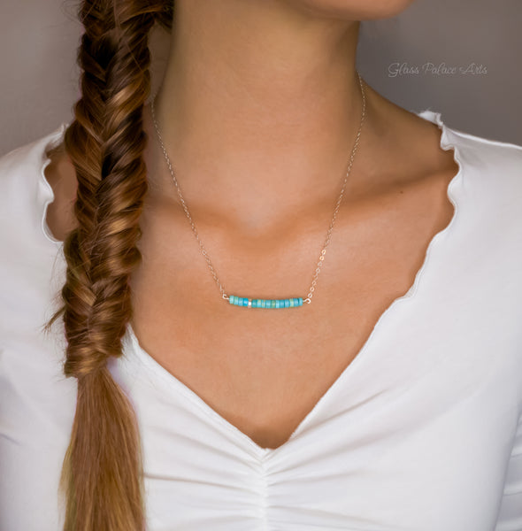 Beaded Turquoise Bar Necklace For Women With One Metal Bead
