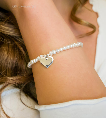 Sterling Silver Heart And Pearl Bracelet Adjustable - Beaded Freshwater Pearls and Dangling Heart