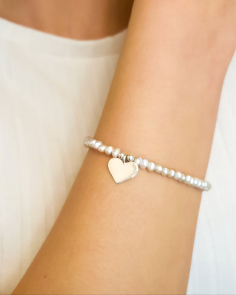 Sterling Silver Heart And Pearl Bracelet Adjustable - Beaded Freshwater Pearls and Dangling Heart