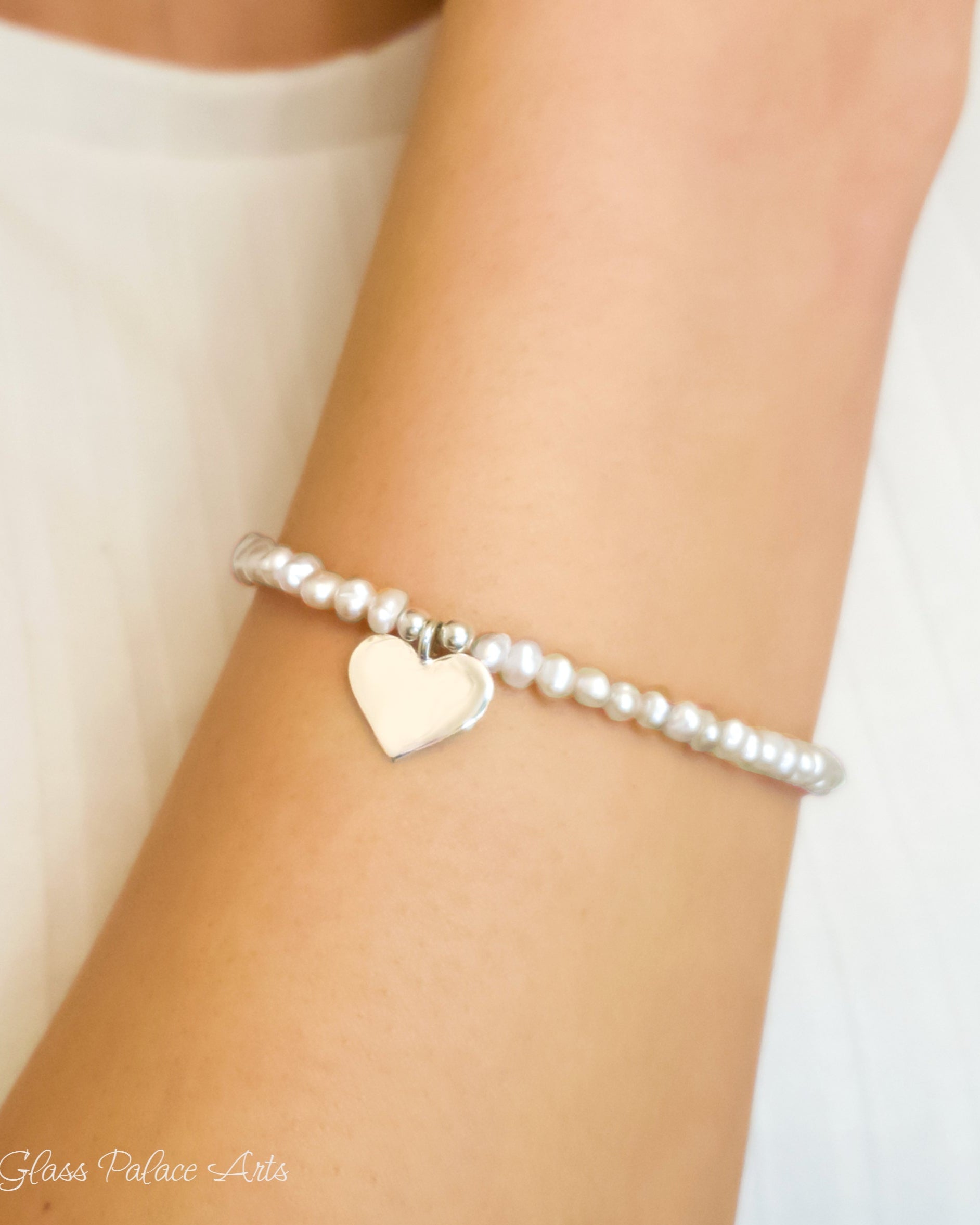 Sterling Silver Heart And Pearl Bracelet Adjustable