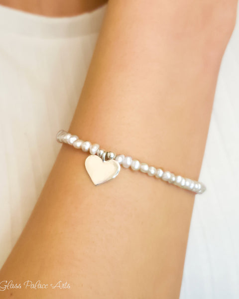 Sterling Silver Heart And Pearl Bracelet Adjustable - Beaded Freshwater Pearls and Dangling Heart