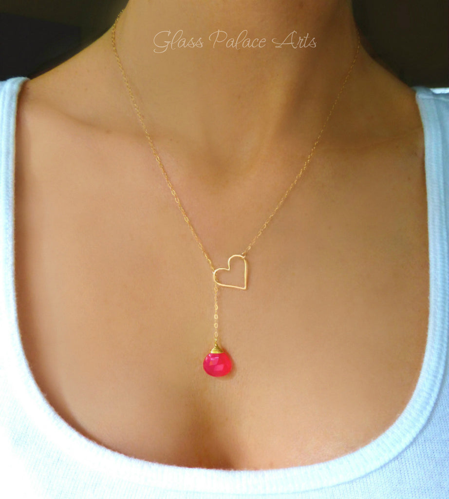Heart Lariat Necklace With Hot Pink Chalcedony Gemstone - Clasp less Necklace